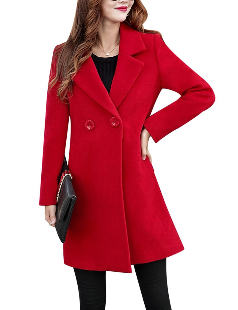 Tanming Womens Elegant Notched Collar Button Wool Blend Solid Long Pea Coat Overcoat (Red-S) - Image 3